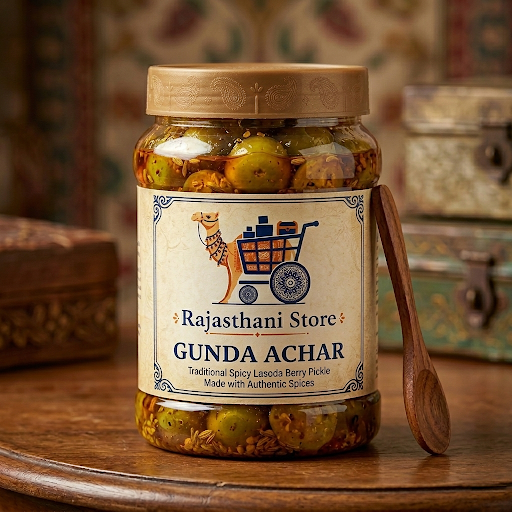 Jar of Rajasthani Store Gunda Achar with a wooden spoon on a carved wooden table